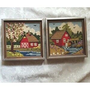 Vintage Jiffy Finished Needlepoint Spring Barn Summer Mill Set 2 Framed Square